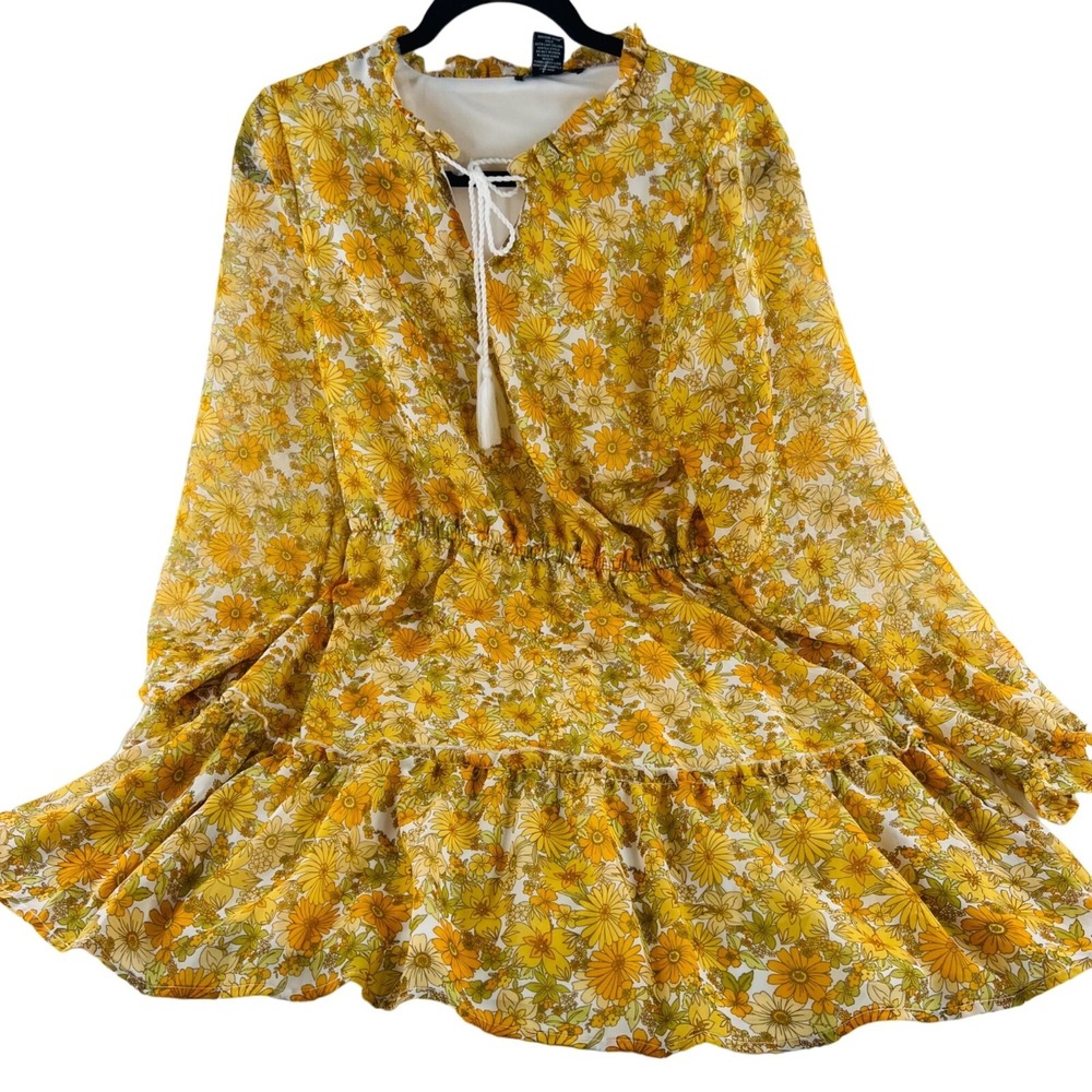 Robert Louis Dress‎ Women's Medium Yellow Mid Century Flowers Tiered lined